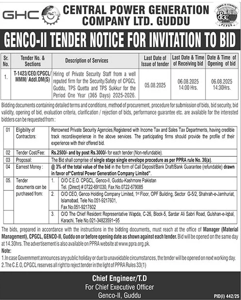 Central Power Generation Company Limited Guddu Tender Notice